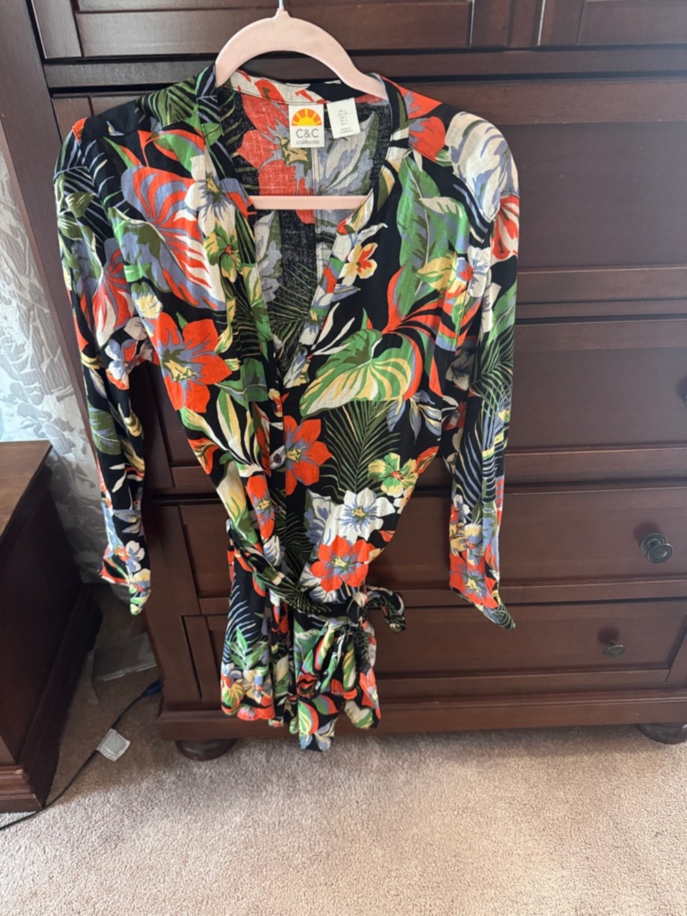 C&C California Black Tropical Floral Wrap Dress with Orange & Green Print